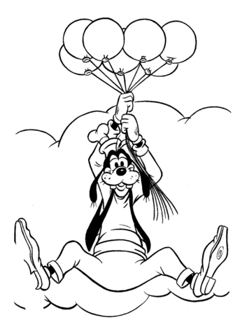 Goofy Flying To The Clouds With Balloons Coloring Page